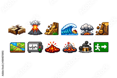 Natural disasters icon set in pixel art style for emergency preparedness visuals