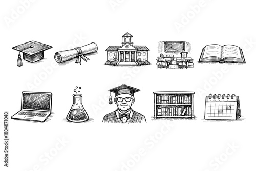 Education and graduation line icon set. Campus, learning, academic symbols collection