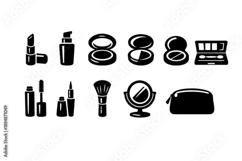 Beauty and makeup silhouette icon set. Elegant cosmetic tools collection