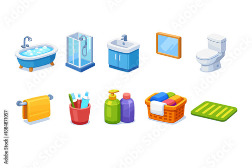 Bathroom essentials 3d icon set. Tub, shower, sink, toilet, toiletries collection.