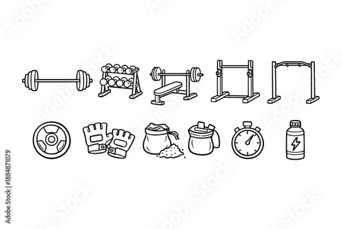 Gym equipment outline icon set. Fitness, workout, exercise tools outline collection