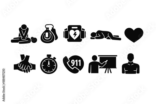 Emergency response silhouette icon set. Cpr, first aid, medical symbols collection