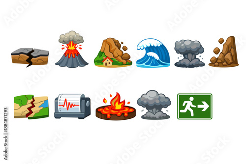 Natural disasters icon set. Earthquake, tsunami, volcanic eruption icons in flat style