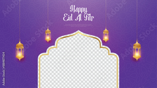 This vibrant purple and gold template features a festive Happy Eid Al Fitr greeting set above an ornate transparent archway framed by hanging illuminated Fanoos lanterns, perfect for greeting cards or