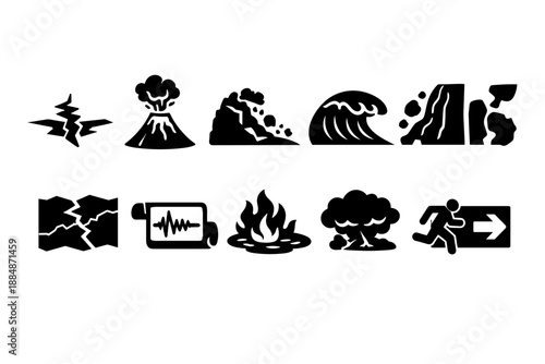 Natural disasters solid icon set. Earthquake, tsunami, volcanic eruption solid icons