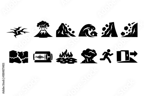 Natural disasters silhouette icon set with earthquake, tsunami, volcano icon collection