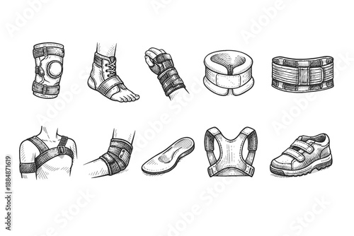 Orthopedic equipment line icon set. Braces, supports, footwear in outline style