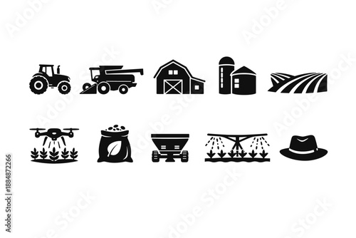 Agriculture silhouette icon set. Farming, equipment, barns icons silhouette collection