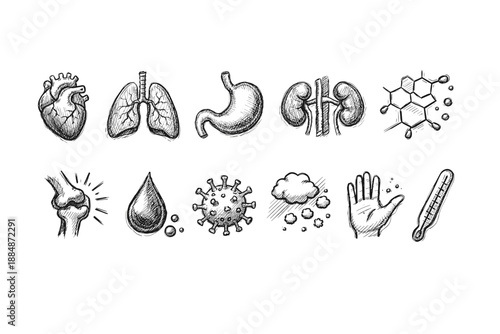 Medical sketch icon set. Hand-drawn health, anatomy, virus, temperature icons sketch style.