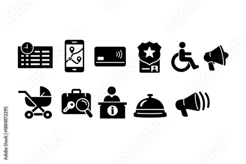Travel and public services solid icon set. Maps, hotel services, accessibility symbols.