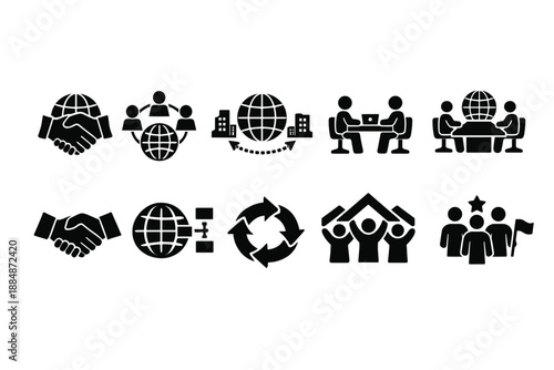Business collaboration solid icon set. Teamwork, global communication icons collection