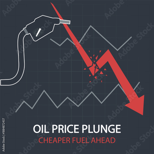 Oil price plunge and falling fuel costs indicated by downward trending graph and gas pump