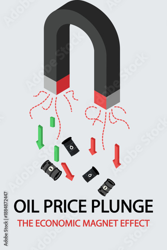 Oil price plunge illustrated by a magnet attracting barrels and downward arrows