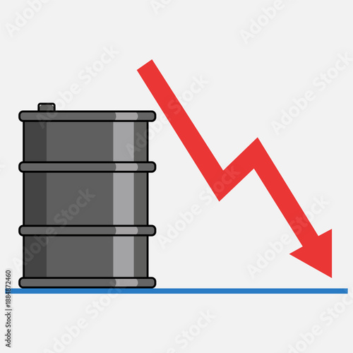 Oil barrel with a downward trending red arrow indicating price decrease