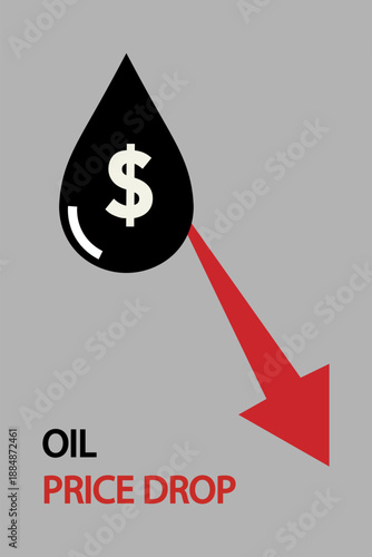 Oil price drop symbol with dollar sign and red arrow indicating decline