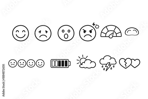 Emotions and weather line icon set. Expressions, mood, climate outline collection