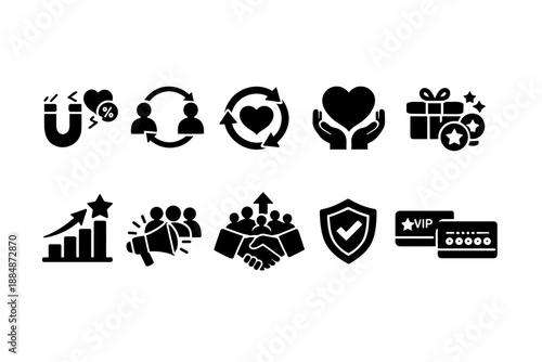 Customer loyalty, engagement filled icon set. Rewards, retention symbols collection