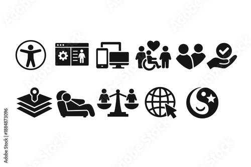 Accessibility, inclusion silhouette icon set. Diverse, equality symbol silhouette collection