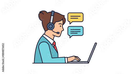Female customer service representative assisting clients online through laptop chat and calls