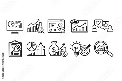 Analytics and marketing outline icon set. Business, data analysis, seo icons collection