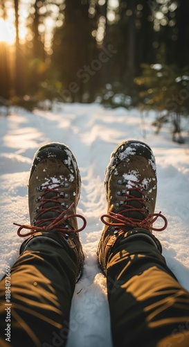 Wallpaper Mural Hiking boots in snowy winter forest during sunset Torontodigital.ca