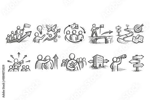Team building sketch icon set. Collaboration, leadership, communication outline icons.