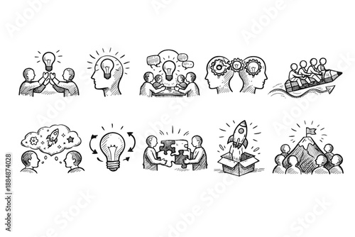 Brainstorming, collaboration sketch icon set. Creative, teamwork outline illustration.