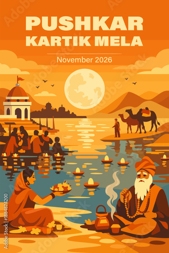 Vector colorful illustration of Pushkar Kartik Mela- pilgrims bathing in the sacred Pushkar Lake under the full moon, with the Brahma Temple, desert camels, glowing ritual lamps, and ascetic figures