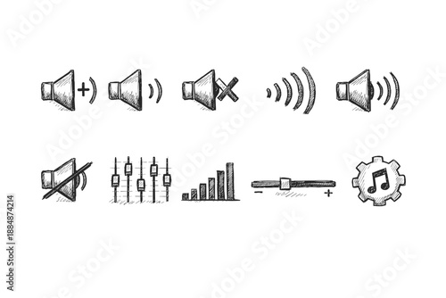 Audio control sketch icon set. Volume, sound settings hand-drawn line style collection