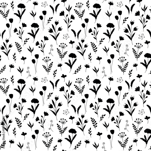 flower silhouettes seamless pattern, black and white floral design, vector background