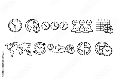 World time and global business outline icon set. Clocks, maps, calendars, people concept