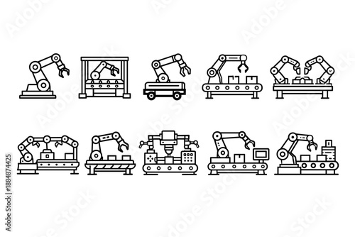 Factory automation line icon set. Industrial, robotics, assembly technology collection