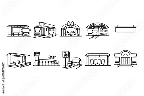 Public transportation outline icon set for urban transit, buses, trains, stations