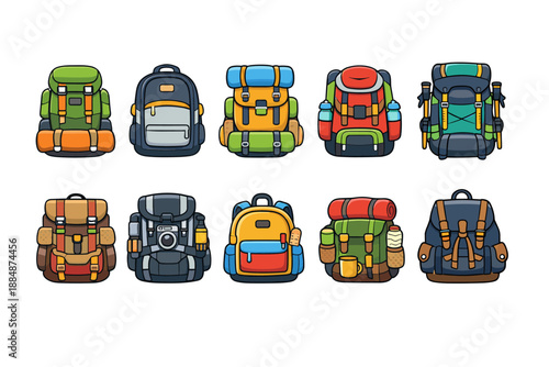 Backpack adventure icon set. Hiking, camping gear icons in flat design collection.