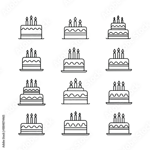 Collection of diverse cakes with varying layers and figurines displayed in a grid pattern illustrating celebration and food variety