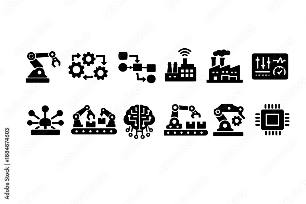 Fototapeta premium Industrial automation solid icon set for factories and technology systems