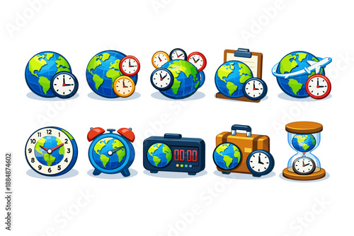 Time zones icon set. World clock, globe, travel clocks flat collection
