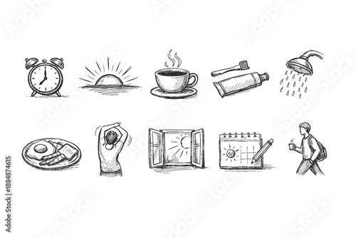 Morning routine sketch icon set. Start your day with these charming outline illustrations