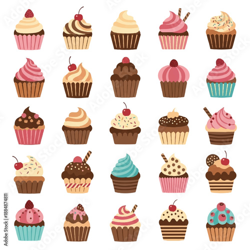 Assorted Cupcakes with Various Frostings and Toppings Displayed