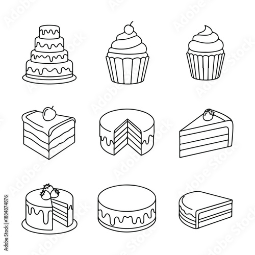 Assorted desserts including cakes and cupcakes are beautifully illustrated in a collection of black and white line drawings.