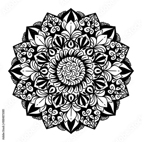Hand-drawn Mandala design, mandala art, nature mandala with floral and abstract lines. Black and white background with mandala design to textiles, henna painting and background for your art. No ai.