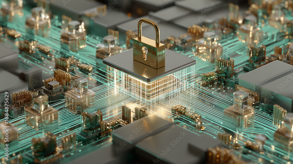 Obraz premium Padlock on a microchip platform symbolizing cybersecurity, encryption and protected digital infrastructure. 