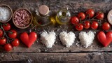 Ingredients displayed on a rustic wooden surface create a charming food-themed layout featu rice, tomatoes, hearts and olive oil bottles in artistic order.