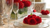 Elegant table setting features crystal glasses, floral centerpiece, delicate china, and lace tablecloth, creating a romantic atmosphere for a special occasion celebration.