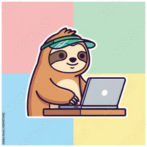 Sloth using laptop on desk.