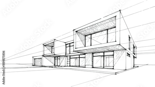 Perspective architectural sketch of modernist modular house
