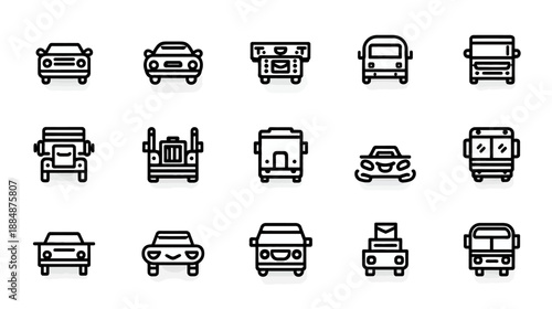 Set of diverse black and white line art vehicle icons in front view: cars, trucks, buses, vans, and emergency transport.