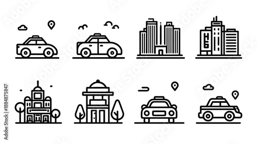 Monochrome line icon set: taxis, cars, city buildings, and detailed architecture for urban travel, transport, and navigation concepts
