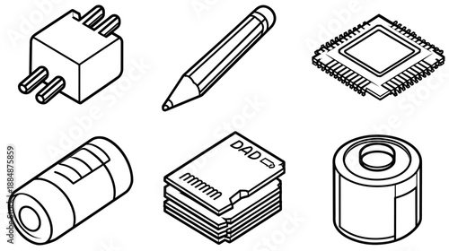 Isometric line art icon set featuring electronic components, office supplies, and everyday items like a microchip, pencil, battery, and cards.