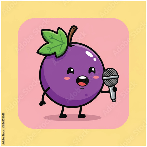 Cartoon Plum Character Singing with Microphone.